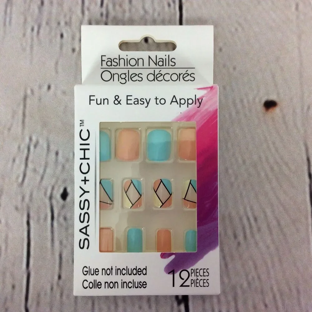 Sassy+Chic Glue-on Nails 2 Sets 24 pcs Glue NOT Included Geometric Multicolored